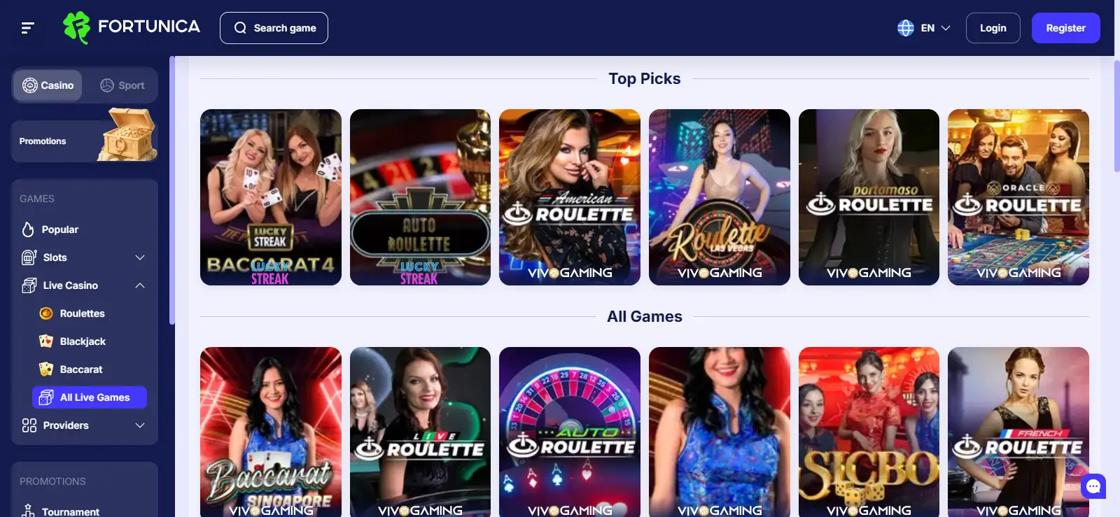 Real Fortunica live casino lobby showing current live-dealer navigation and tables