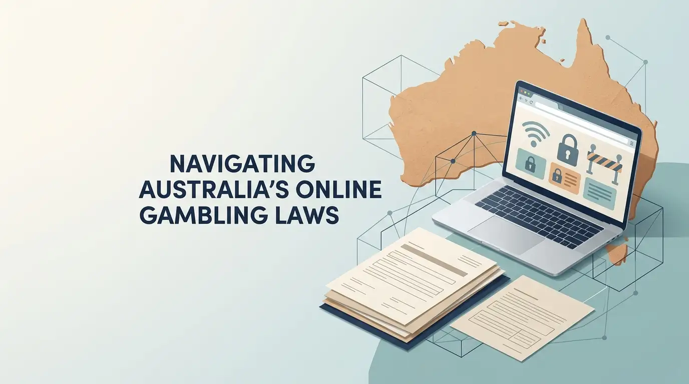 Editorial illustration of Australian online gambling regulation, network access and consumer safeguards