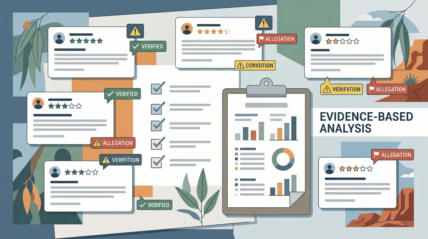 Editorial illustration of review cards, evidence labels and warning symbols used to analyse casino complaints