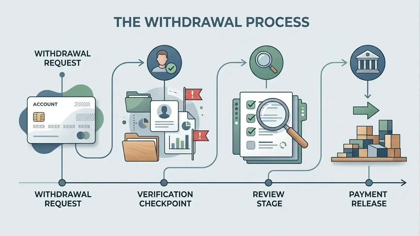 Editorial cashout timeline showing a withdrawal request, verification checkpoint, review stage and payment release