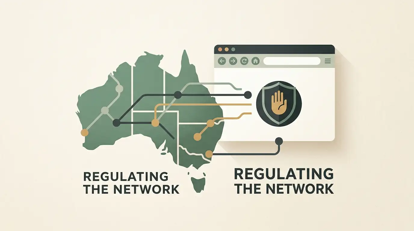 Editorial illustration representing Australia, online gambling regulation and website blocking